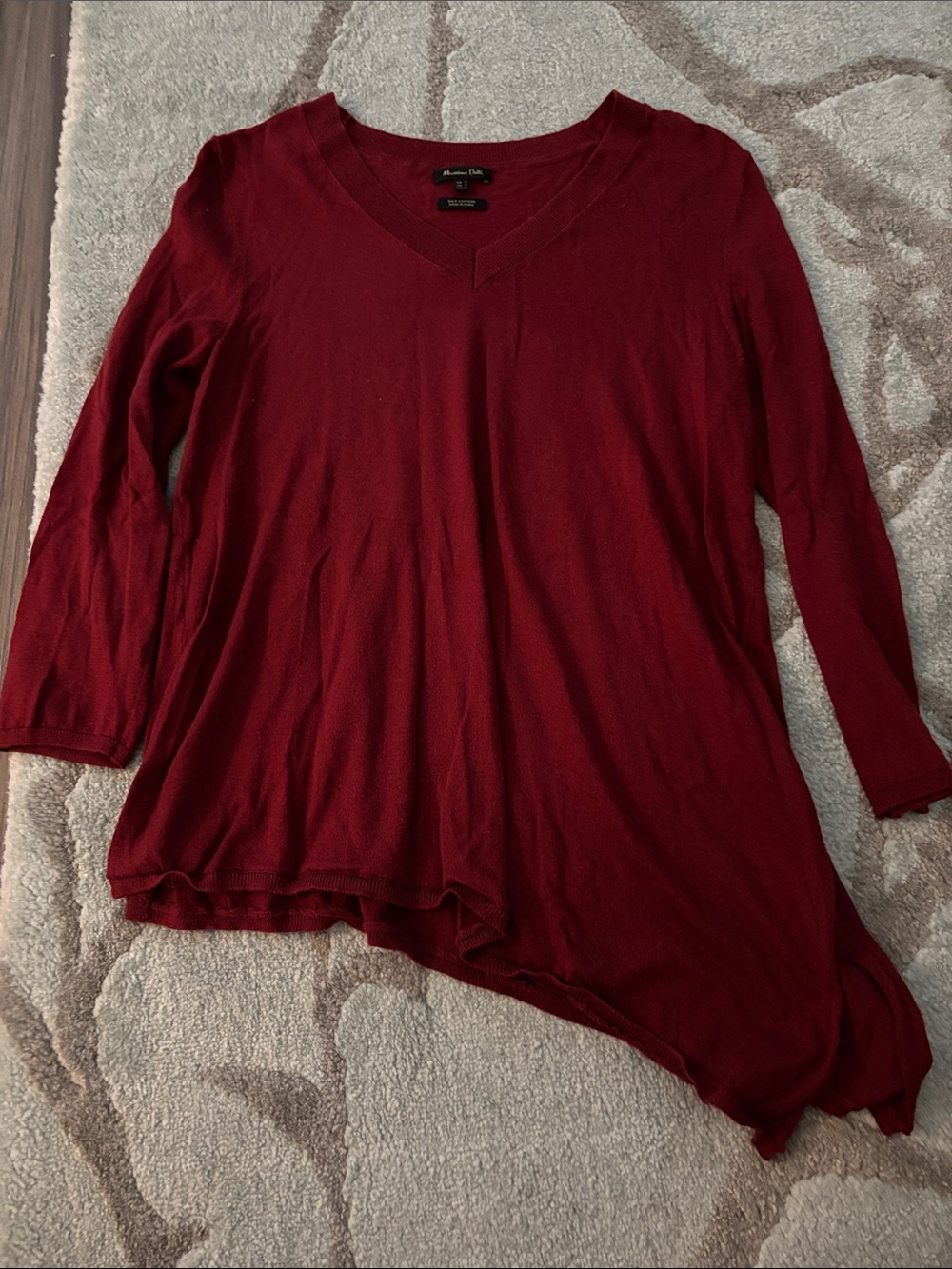 Massimo Dutti Deep Burgundy V-Neck Asymmetric Hem Top